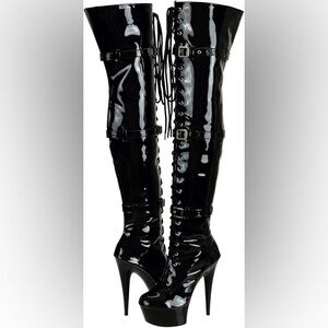 NiB SheSole Women's Over The Knee High Heel Black Vinyl Stiletto Boots CN 38